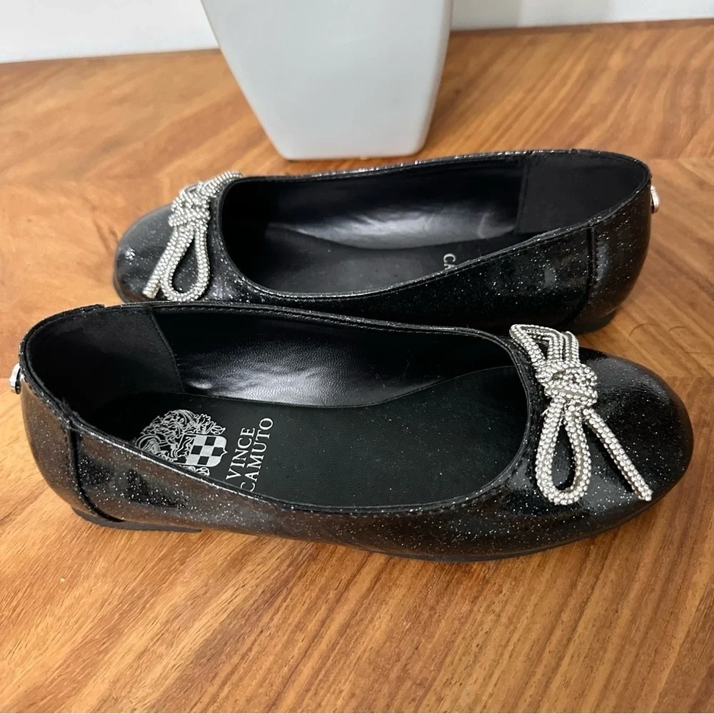 Vince Camuto Little Girls Black Sparkle Ballet Flats Silver Bow SZ 13 Party EUC